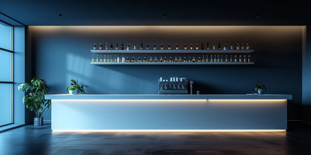 Interior of modern bar with dark blue walls, concrete floor and white countertops with bottles standing on it. 3d renderingの素材