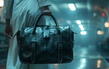Close-up of a man holding a black leather handbag.の素材