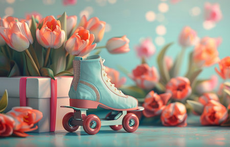 3D render of a roller skates, gift boxes and tulipsの素材