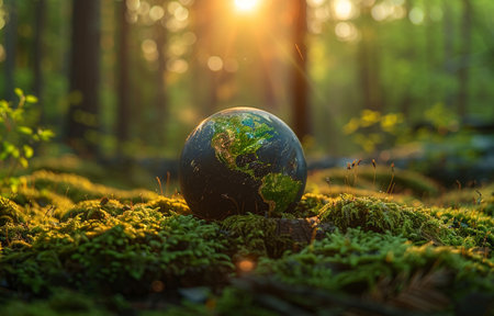 Globe on the moss in the forest at sunset. Global warming conceptの素材