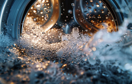 Close-up of a washing machine with water splashes and bubblesの素材