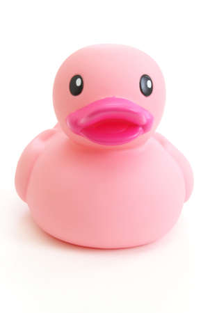 A pink rubber duck on white background.の写真素材
