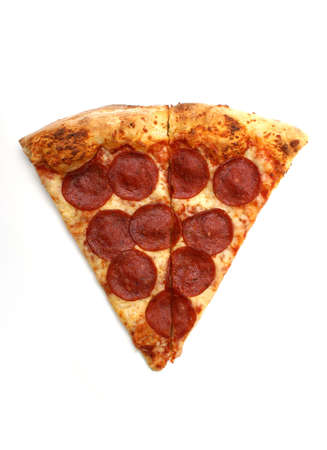 A slice of pepperoni pizza on white background.の写真素材