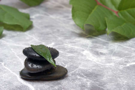 Some fresh water sprinkled over some stones and a leaf which is on a marble background.の写真素材