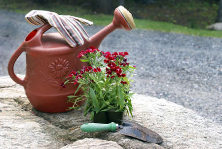 A still life of a few gardeing tools and a few flowers.の写真素材
