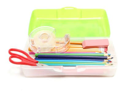 An isolated school box filled with supplies for the avid student.