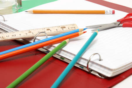 A macro of a group of various school supplies.の写真素材