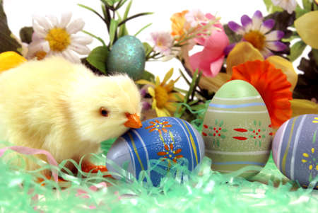 A chick with some easter eggs and flowers.