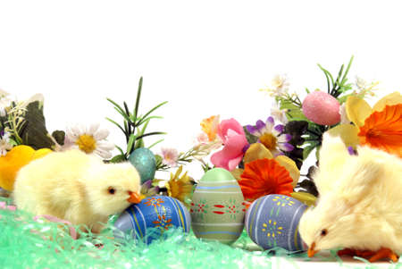 A couple chicks with some easter eggs and flowers.