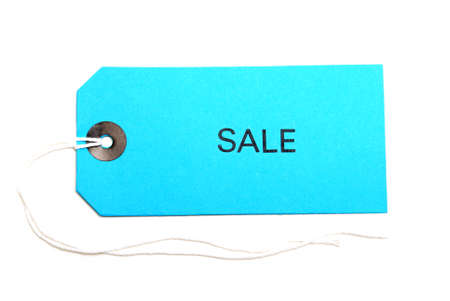 A blue sale tag isolated on a white background.の写真素材