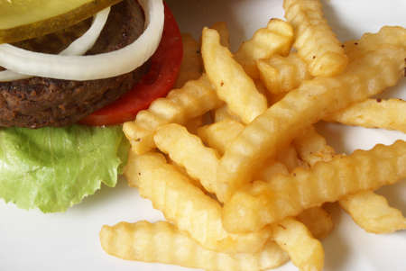 A macro shot of a plate with burger and fries.の写真素材