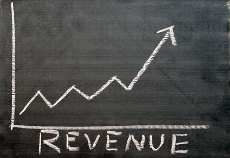 A chart shows the revenue progress of a company on a chalkboard.の写真素材