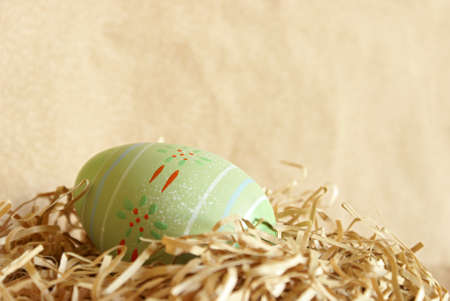 A well decorated Easter Egg hides in the pastel colored paper shred.の写真素材