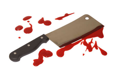 A closeup of a bloody butcher knife over white.