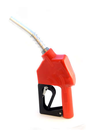 An isolated shot of a red gas pump and handle over a white a background.の写真素材