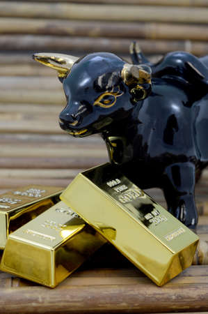 A bull and gold bullion to showcase the rise of the stock market.の写真素材