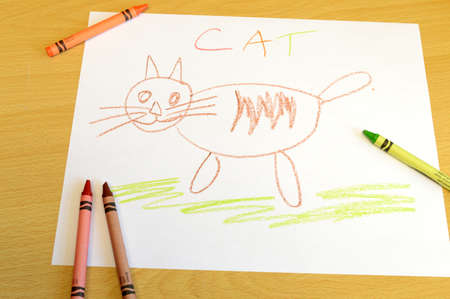 A preschool depiction of a cat with colorful crayons and paper.の写真素材
