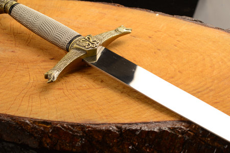 A closeup view of a dagger on a piece of freshly cut wood.の写真素材