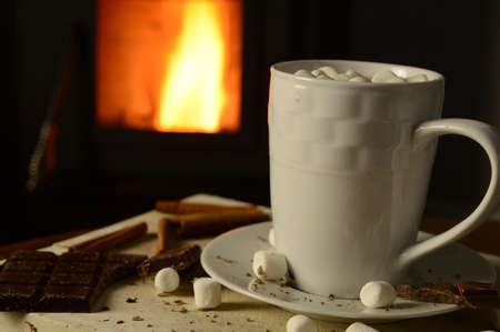 A cup of hot chocolate resting in front of a wood stove fire.の写真素材