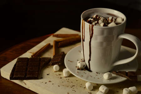 An overhead look at a cup of hot chocolate.の写真素材