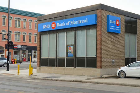 SMITHS FALLS, ONTARIO, CANADA, MARCH 10, 2021: View of the BMO Bank of Montreal downtown Smiths Falls, ON.のeditorial素材