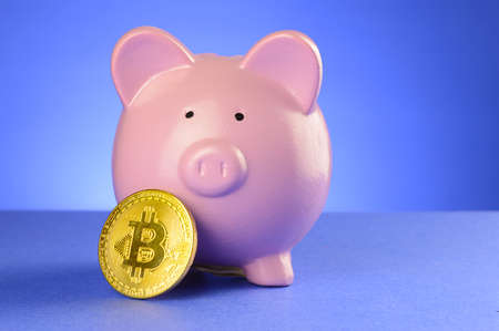 A conceptual image of a piggy bank and bitcoin to represent the cryptocurrency cash accounts.の写真素材