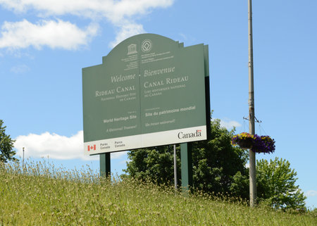 SMITHS FALLS, ONTARIO, CA, JUNE 16, 2021: A welcome sign to the Rideau Canal located on the Beckwith St Bridge in Smiths Falls, Ontario during spring 2021.のeditorial素材