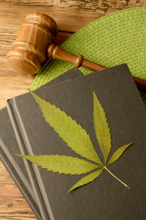 A conceptual image focused on the legal information of Marijuana using books and a gavel and weed leaf to illustrate this idea.の写真素材