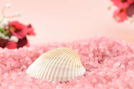 A scene of fresh bright pinks and reds to show a feminine bath salth and seashell together.の写真素材