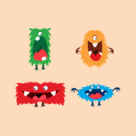 funny and cute colourful monsters for halloween with big open mouths as copy spaceのイラスト素材