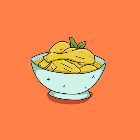 Opor Ayam is a dish consisting of chicken cooked in coconut milk from Indonesia in a blue bowl. Indonesian Food.のイラスト素材