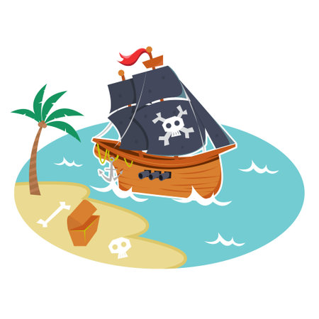 kids story book about pirate ship near island with coconut tree, skull and treasure box cartoon vector illustration designのイラスト素材