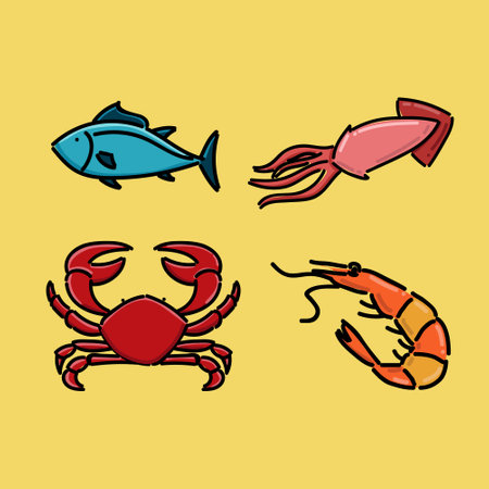 Cartoon seafood. Fresh fish, crab and tuna. Raw products for shop or restaurant. Healthy food as shrimps and squids for delicacy dishes. Aquatic creatures for market vector setのイラスト素材