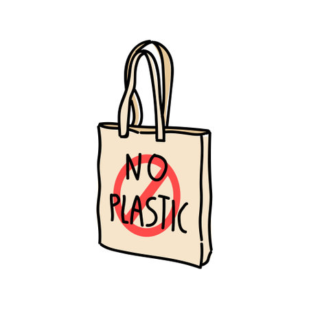 cloth eco bags blank or cotton yarn cloth bags, empty bags and no plastic symbol isolated on white, fabric cloth eco bag empty template for campaign to use bags to reduce waste plasticのイラスト素材