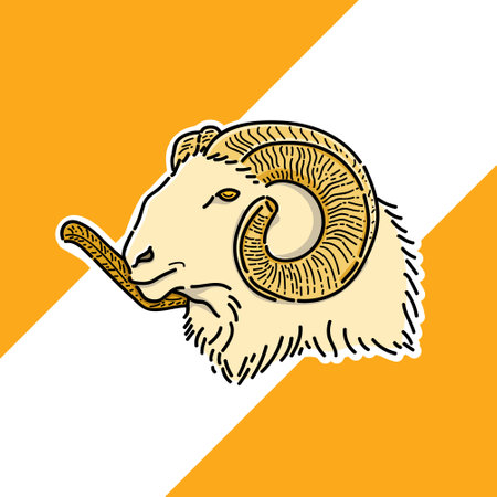 eid adha mubarak, goat clipart illustration vector design with orange backgroundのイラスト素材