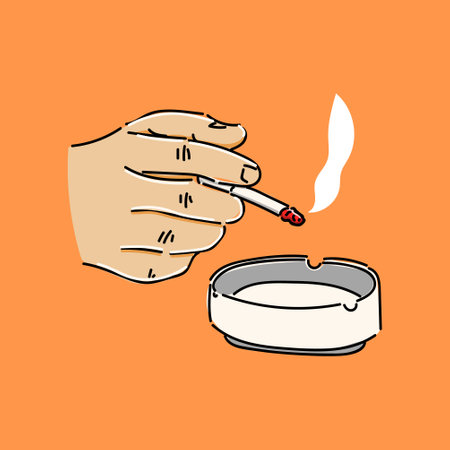 White ceramic ashtray full of smokes cigarettes. Crockery for smoking. Side view. Vector illustrationのイラスト素材