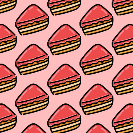 seamless pattern of pink and chocolate sweet pies with cherry and strawberry on pink checkered...