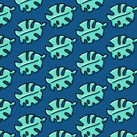 Leaves Pattern. Endless Background. Seamless. Cartoon leaf tile vector illustration design in a blue background colorのイラスト素材