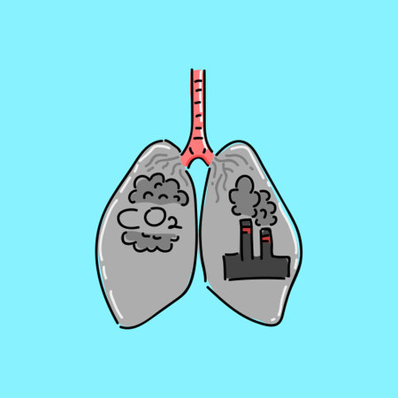Air pollution from factory chimneys, inside abstract human lungs vector illustration. Cartoon industrial city landscape isolated on blue, environmental problem conceptのイラスト素材