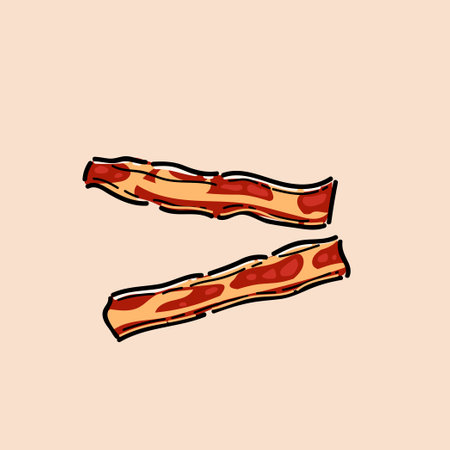 Fried bacon strips. Two strips of fried crispy bacon on cream background logo design. Fried bacon for burger and sandwich of food for shops and markets vector design and illustratiのイラスト素材