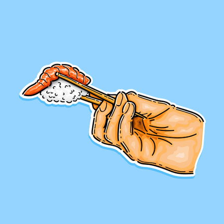 people pick a sushi with chopstick in a blue background illustration design vectorのイラスト素材