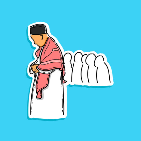 Group of Muslims pray together with imam the leader prayer, Prayer in congregation islamic vector illustration design- Salat jamaahのイラスト素材