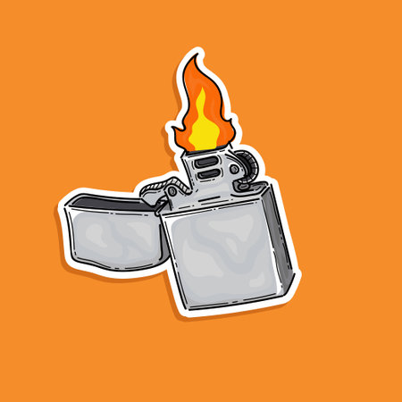 silver cigarette lighter vector illustration sticker isolated on orange background. Premium quality symbol. No smoking. Matchesのイラスト素材