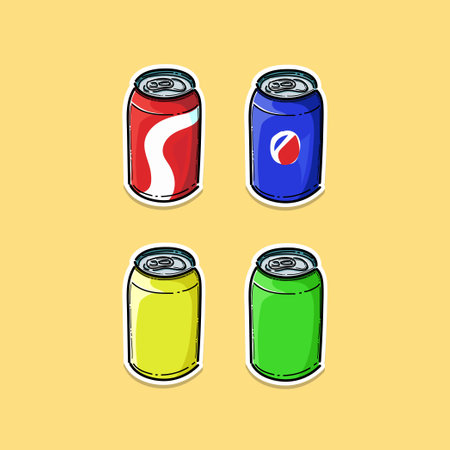 Soda in colored aluminum cans set icons isolated on yellow background. Soft drinks sign. Carbonated non-alcoholic water with different flavors. Drinks in colored packaging. Vectorのイラスト素材
