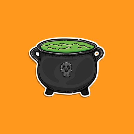 Halloween witch bowl sticker vector design illustration isolated in an orange background, halloween cauldronのイラスト素材