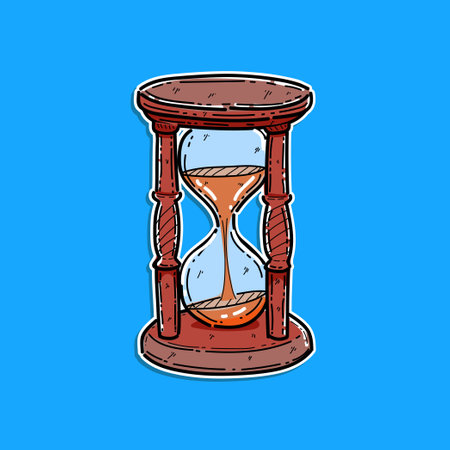 Hourglass sand time design, sticker style vector illustration design isolated in a blue background