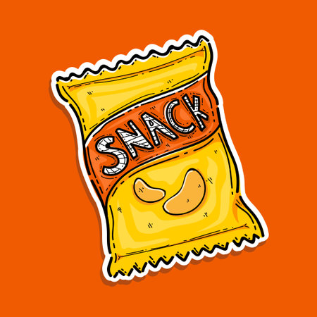 yellow orange potato chip snack bag vector illustration design isolated in an orange backgroundのイラスト素材