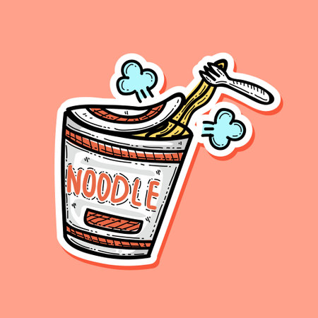 Instant ramen noodles cup vector illustration design sticker style, cute noodle cup, hand drawn style, isolated on peach background.のイラスト素材