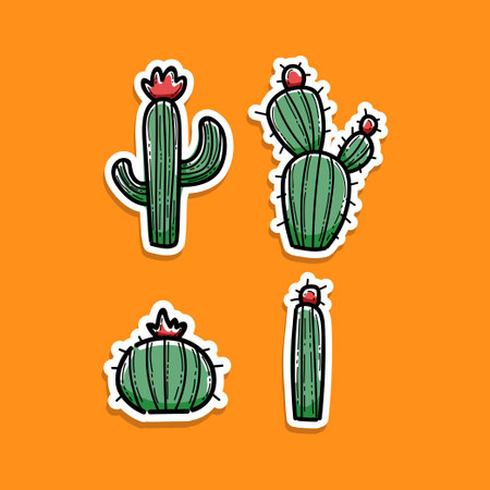 collection of cactus sticker style vector illustration design isolated in orange background, home cute plants, set of cactusのイラスト素材