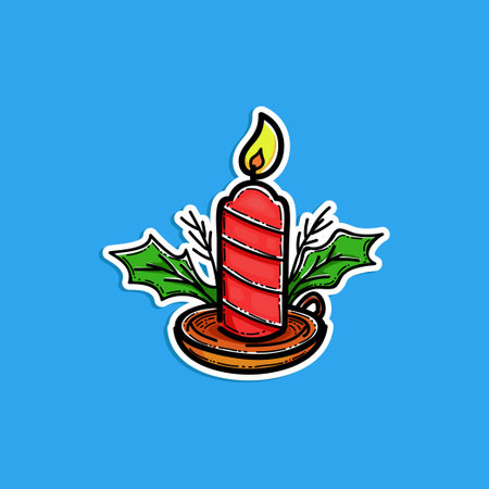 Cute red candle christmas with plant leaf decoration and candle stand isolated in a blue background vector illustration design, sticker styleのイラスト素材